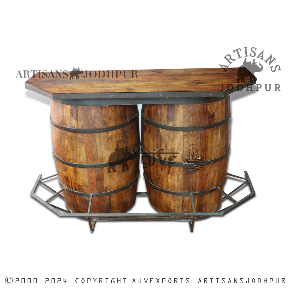 Vintage wooden bar counter with shelves