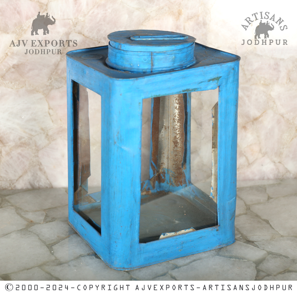 blue rustic metal lantern