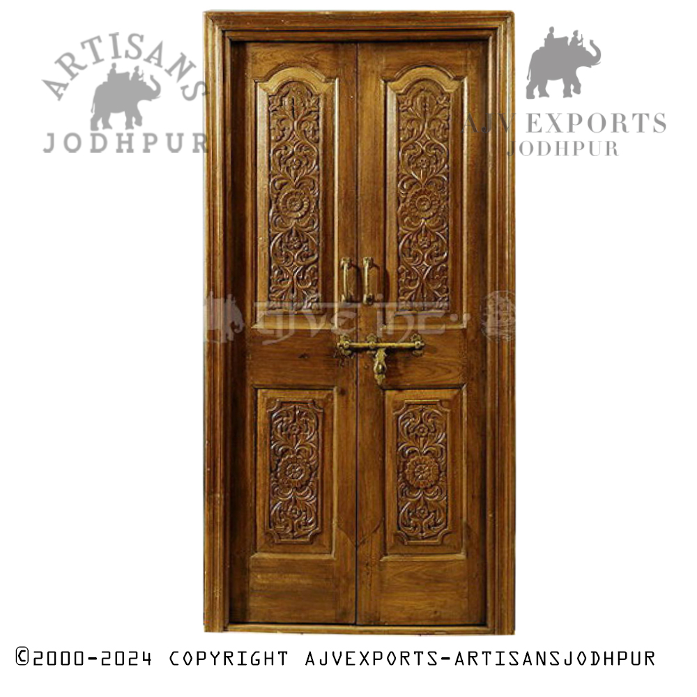 Traditional Brown Wooden Door with Decorative Carvings  